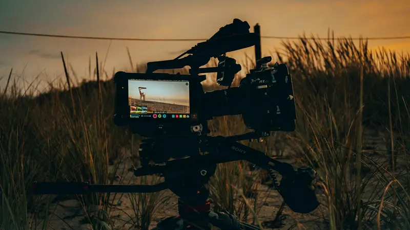 Video camera on a tripod filming at golden hour